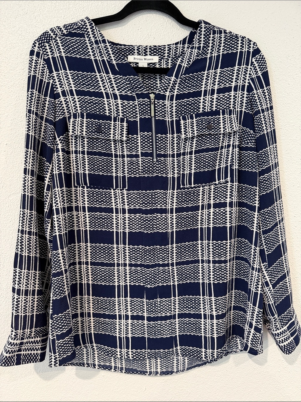 Studio Works Navy & White Plaid Long Sleeve Top